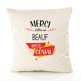 Housse de Coussin Premium Merci Beauf Génial - Coton Canvas Fairtrade Beige Idée Cadeau Décoration Canapé