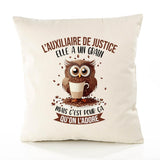 Housse de Coussin Premium L'Auxiliaire de Justice Chouette Grain - Coton Canvas Fairtrade Beige Idée Cadeau Décoration Canapé 40x40