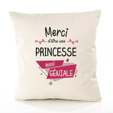 Housse de Coussin Premium Merci Princesse Géniale - Coton Canvas Fairtrade Beige Idée Cadeau Décoration Canapé