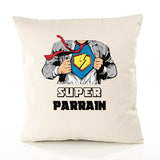 Housse de Coussin Premium Super Parrain - Coton Canvas Fairtrade Beige Idée Cadeau Décoration Canapé