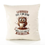 Housse de Coussin Premium La Manager Chouette Grain - Coton Canvas Fairtrade Beige Idée Cadeau Décoration Canapé 40x40