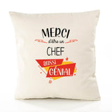 Housse de Coussin Premium Merci Chef Génial - Coton Canvas Fairtrade Beige Idée Cadeau Décoration Canapé