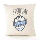 Housse de Coussin Premium Ski de Fond Version Blanc - Coton Canvas Fairtrade Beige Idée Cadeau Décoration Canapé