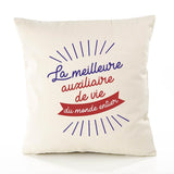 Housse de Coussin Premium auxiliaire de Vie Meilleure Monde - Coton Canvas Fairtrade Beige Idée Cadeau Décoration Canapé