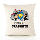 Housse de Coussin Premium Super GRAPHISTE - Coton Canvas Fairtrade Beige Idée Cadeau Décoration Canapé