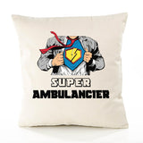 Housse de Coussin Premium Super AMBULANCIER - Coton Canvas Fairtrade Beige Idée Cadeau Décoration Canapé