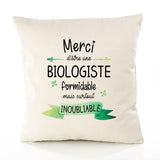 Housse de Coussin Premium Merci Biologiste Inoubliable Femme - Coton Canvas Fairtrade Beige Idée Cadeau Décoration Canapé