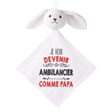 Doudou Bébé Lapin Je Veux Devenir Ambulancier comme Papa Gaze de Coton Cadeau Baby Shower