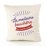 Housse de Coussin Premium bouchère Meilleure Monde - Coton Canvas Fairtrade Beige Idée Cadeau Décoration Canapé