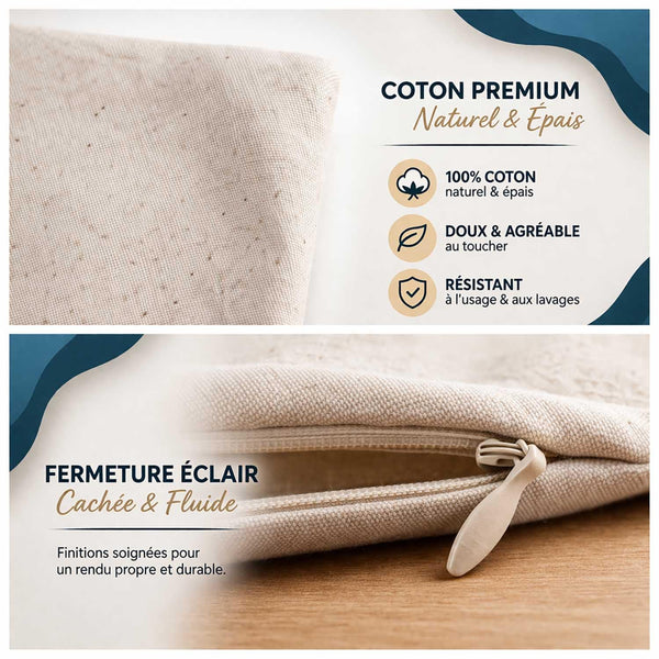 Housse de Coussin Premium Gabriel Définition - Coton Canvas Fairtrade Beige Idée Cadeau Décoration Canapé