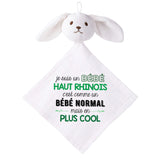 Doudou Bébé Lapin Humour Haut Rhinois Gaze de Coton Cadeau Baby Shower