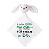 Doudou Bébé Lapin Humour Haut Saonois Gaze de Coton Cadeau Baby Shower