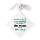 Doudou Bébé Lapin Humour Haut Senais Gaze de Coton Cadeau Baby Shower
