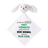 Doudou Bébé Lapin Humour Haut Viennois Gaze de Coton Cadeau Baby Shower