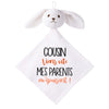 Doudou Bébé Lapin Humour Cousin Parents Gaze de Coton Cadeau Baby Shower