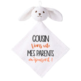 Doudou Bébé Lapin Humour Cousin Parents Gaze de Coton Cadeau Baby Shower