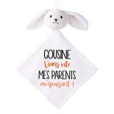 Doudou Bébé Lapin Humour Cousine Parents Gaze de Coton Cadeau Baby Shower