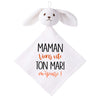 Doudou Bébé Lapin Humour Maman Mari Gaze de Coton Cadeau Baby Shower