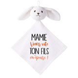 Doudou Bébé Lapin Humour Mamie Fils Gaze de Coton Cadeau Baby Shower