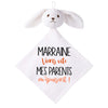 Doudou Bébé Lapin Humour Marraine Parents Gaze de Coton Cadeau Baby Shower