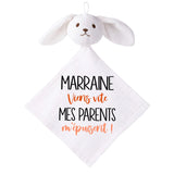 Doudou Bébé Lapin Humour Marraine Parents Gaze de Coton Cadeau Baby Shower