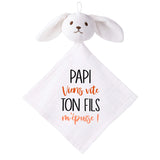 Doudou Bébé Lapin Humour Papi Fils Gaze de Coton Cadeau Baby Shower