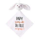 Doudou Bébé Lapin Humour Papy Fille Gaze de Coton Cadeau Baby Shower