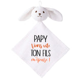 Doudou Bébé Lapin Humour Papy Fils Gaze de Coton Cadeau Baby Shower