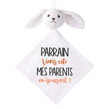 Doudou Bébé Lapin Humour Parrain Parents Gaze de Coton Cadeau Baby Shower