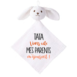 Doudou Bébé Lapin Humour Tata Parents Gaze de Coton Cadeau Baby Shower