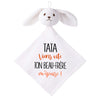 Doudou Bébé Lapin Humour Tata Beau Frere Gaze de Coton Cadeau Baby Shower
