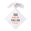Doudou Bébé Lapin Humour Tata Belle Soeur Gaze de Coton Cadeau Baby Shower