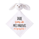 Doudou Bébé Lapin Humour Tatie Parents Gaze de Coton Cadeau Baby Shower