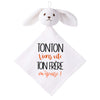 Doudou Bébé Lapin Humour Tonton Frere Gaze de Coton Cadeau Baby Shower