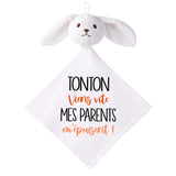 Doudou Bébé Lapin Humour Tonton Parents Gaze de Coton Cadeau Baby Shower