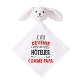Doudou Bébé Lapin Je Veux Devenir Hotelier comme Papa Gaze de Coton Cadeau Baby Shower