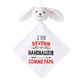 Doudou Bébé Lapin Je Veux Devenir Handballeur comme Papa Gaze de Coton Cadeau Baby Shower
