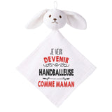 Doudou Bébé Lapin Je Veux Devenir Handballeuse comme Maman Gaze de Coton Cadeau Baby Shower