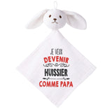 Doudou Bébé Lapin Je Veux Devenir Huissier comme Papa Gaze de Coton Cadeau Baby Shower