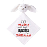 Doudou Bébé Lapin Je Veux Devenir Huissiere comme Maman Gaze de Coton Cadeau Baby Shower