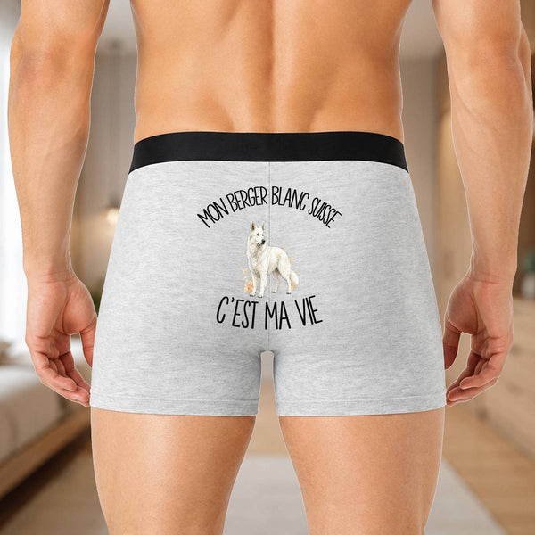 Boxer Homme Mon Berger Blanc Suisse c'est ma vie – Impression au dos