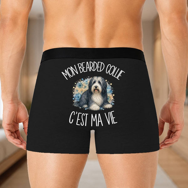 Boxer Homme Mon Bearded Collie c'est ma vie – Impression au dos – Noir