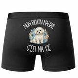 Boxer Homme Mon Bichon Maltais c'est ma vie – Impression au dos – Noir
