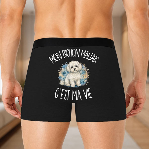 Boxer Homme Mon Bichon Maltais c'est ma vie – Impression au dos – Noir