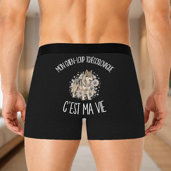 Boxer Homme Mon Chien-Loup Tchécoslovaque c'est ma vie – Impression au dos – Noir