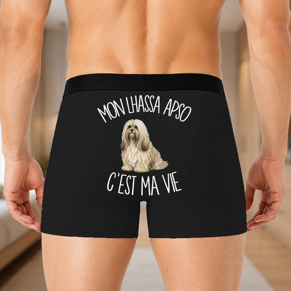 Boxer Homme Mon Lhassa Apso c'est ma vie – Impression au dos – Noir