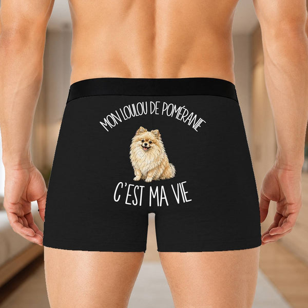 Boxer Homme Mon Loulou de Poméranie c'est ma vie – Impression au dos – Noir