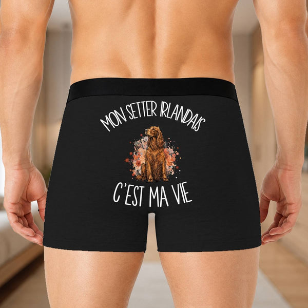 Boxer Homme Mon Setter Irlandais c'est ma vie – Impression au dos – Noir