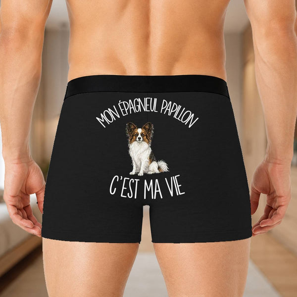 Boxer Homme Mon Épagneul Papillon c'est ma vie – Impression au dos – Noir