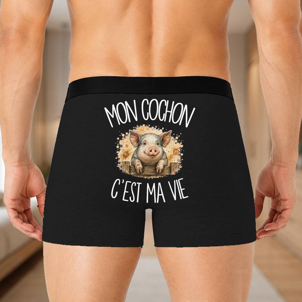 Boxer Homme Mon cochon c'est ma vie – Impression au dos – Noir